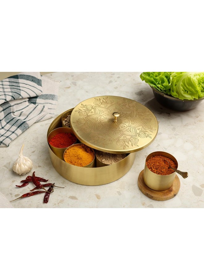 dudki Handicrafted Pure Brass Spice Box Masala Dabba Masaladani | Spice Box for Kitchen | Masala Dani with 7 Containers and a Small Spoon (Flower)