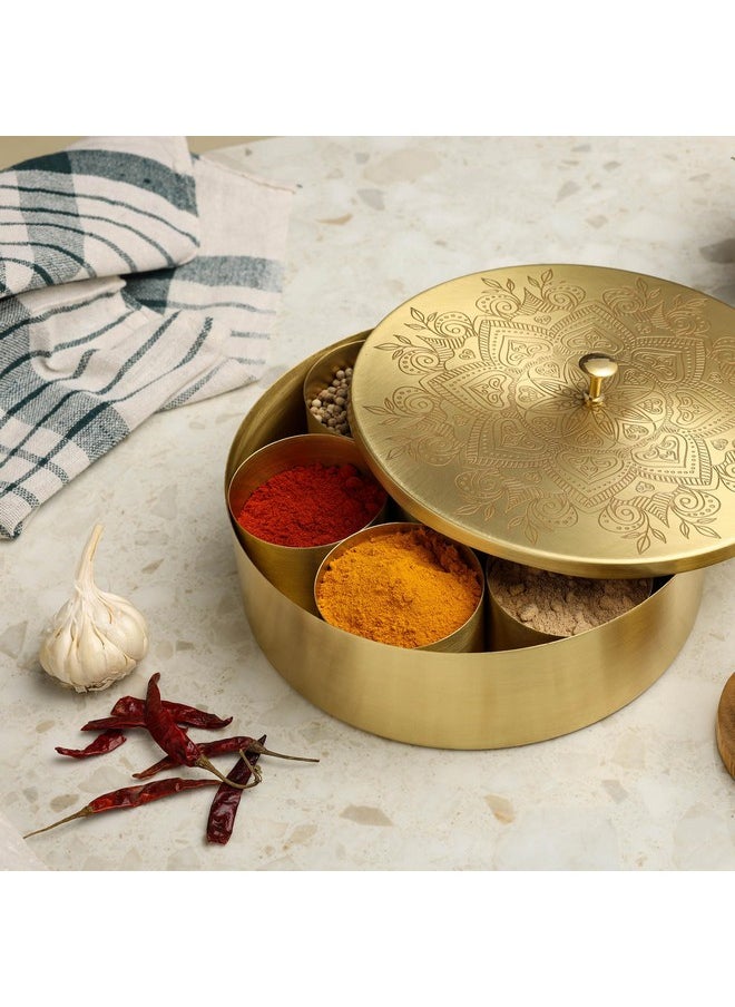 dudki Handicrafted Pure Brass Spice Box Masala Dabba Masaladani | Spice Box for Kitchen | Masala Dani with 7 Containers and a Small Spoon (Flower)