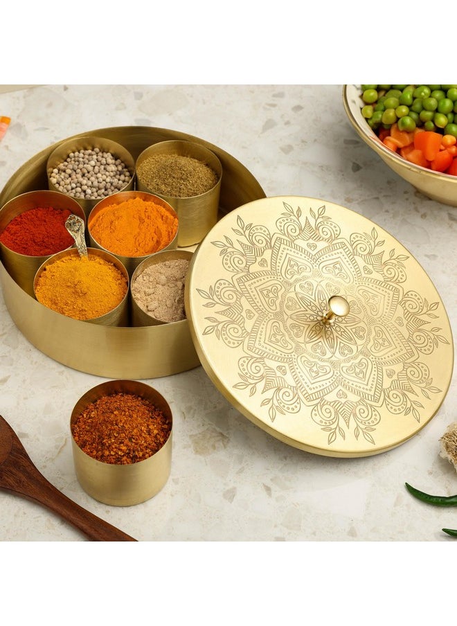 dudki Handicrafted Pure Brass Spice Box Masala Dabba Masaladani | Spice Box for Kitchen | Masala Dani with 7 Containers and a Small Spoon (Flower)