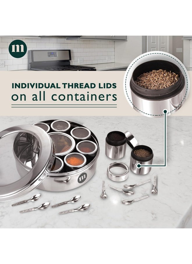 MARU Extra Large 12 in 1 Spice Box for kitchen with Threaded Lids | Masala Box For Kitchen Steel | Masala Container For Kitchen See Through Lid (Size 14 Extra Large 24.5cms) Silver