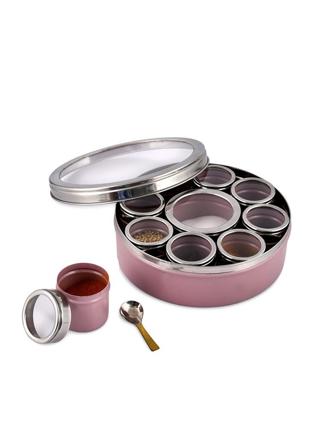 Elan Stainless Steel Masala Box | Spice Storage Container | Masala Dani With 9 Containers and Small Spoon | Masala Dabba For Kitchen See Through Lid | Kitchen Spice Organiser (Mauve)