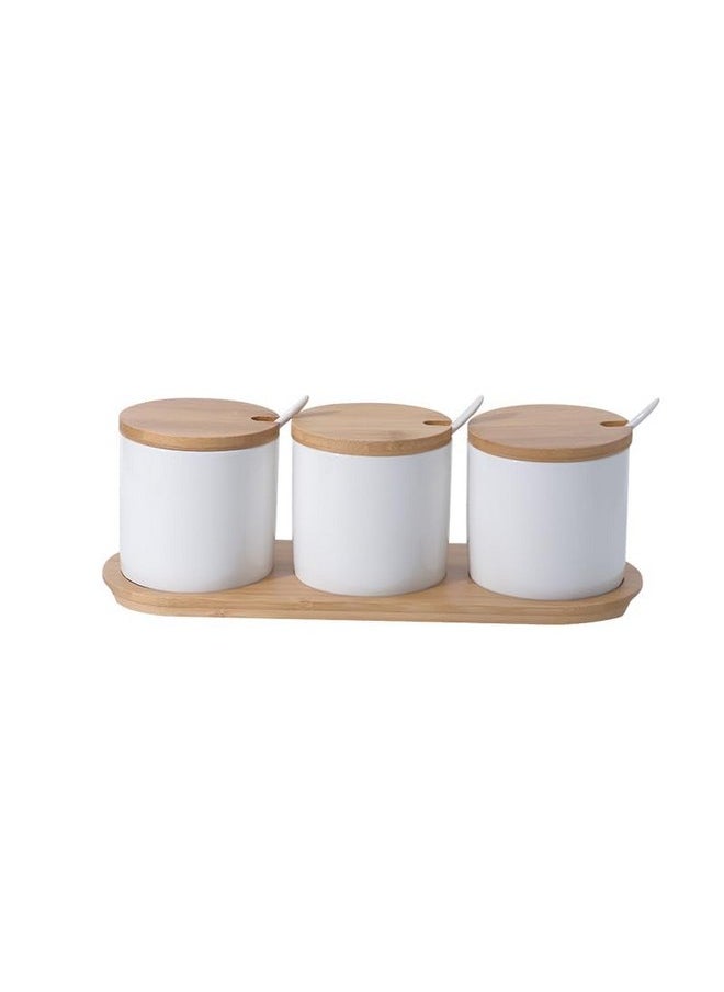 Kuber Industries Kitchen Storage Box | Spoon and Wooden Tray Spice Container | Round Condiment Jar for Home | Air-Tight Bamboo Lid Kitchen Set | Set of 3 | BK03WT | 250 ML | White