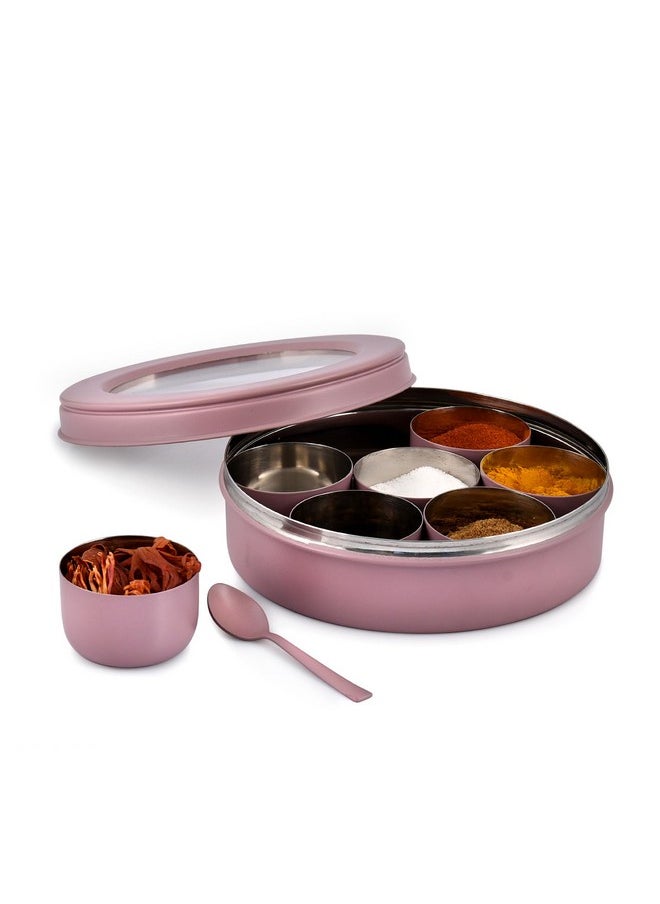 Elan 7 Compartment Multipurpose Air-Tight Stainless Steel See-Through Round Colorful Spice Box/Popula Dabba with Lid and Spoon | Mauve, (1500 ml)