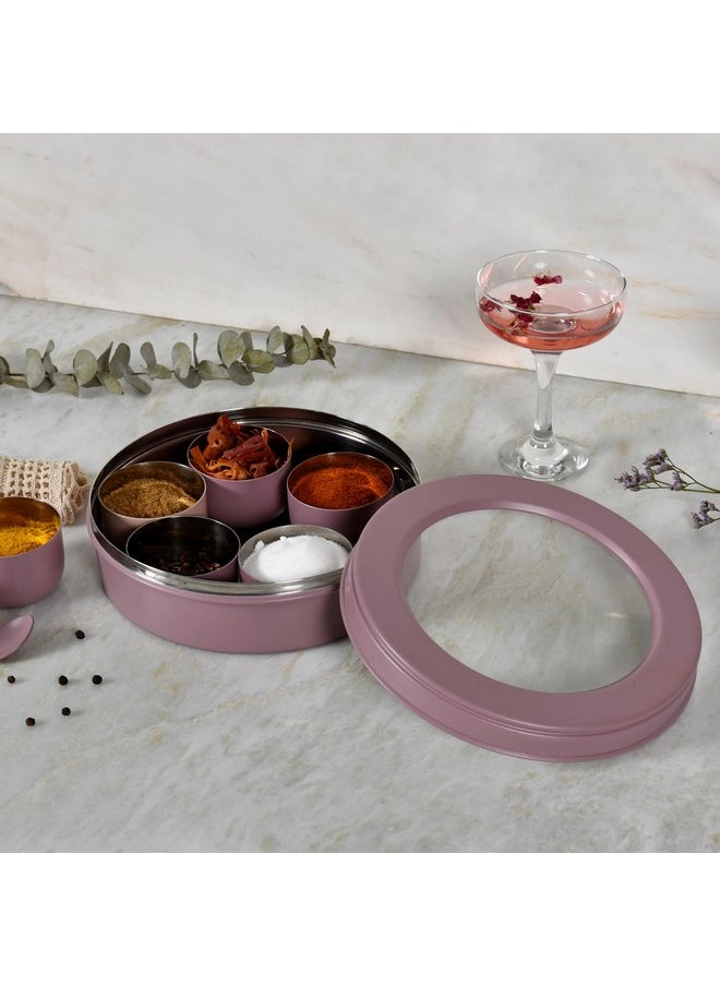 Elan 7 Compartment Multipurpose Air-Tight Stainless Steel See-Through Round Colorful Spice Box/Popula Dabba with Lid and Spoon | Mauve, (1500 ml)