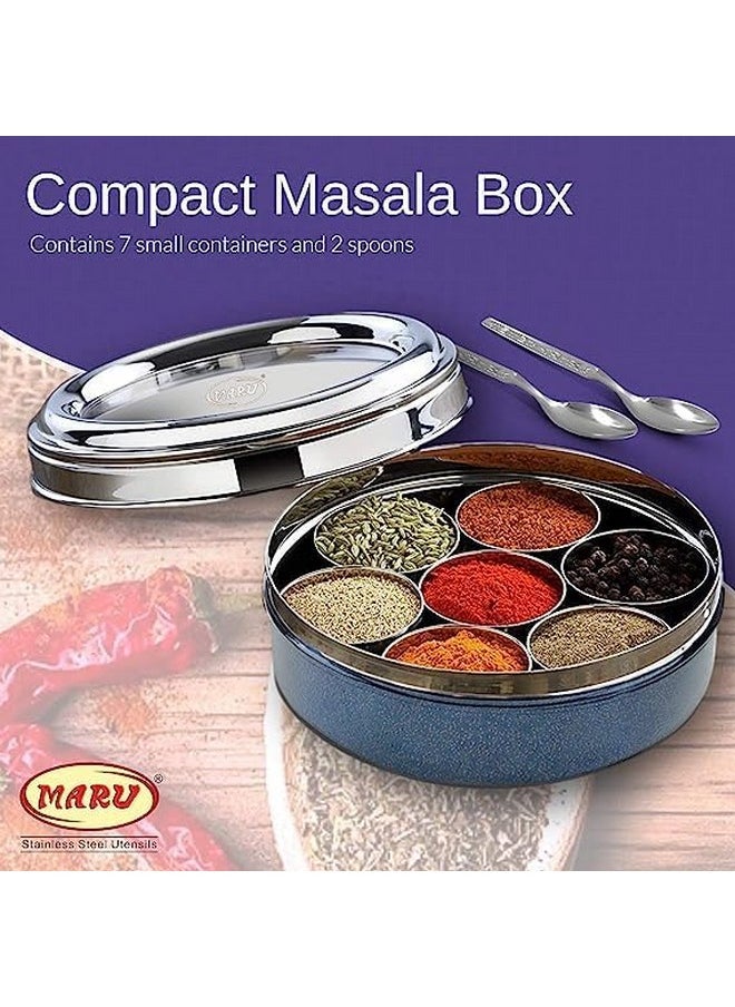 MARU Durable Stainless Steel Masala box for kitchen Dark Blue Colored, Spice storage Box for Kitchen with see-through lid, Masala dabba, Spices storage Steel container (Extra Large Size 14, 24cms)