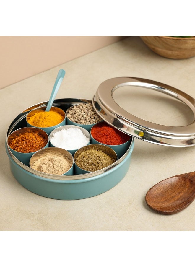 dudki Homes Stainless Steel Masala Dabba Masaladani | Spice Box For Kitchen | Masala Dani With See Through Lid With 7 Containers And A Small Spoon- Moss-Green, Blue-Green