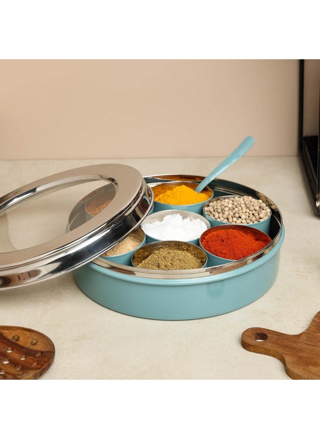 dudki Homes Stainless Steel Masala Dabba Masaladani | Spice Box For Kitchen | Masala Dani With See Through Lid With 7 Containers And A Small Spoon- Moss-Green, Blue-Green