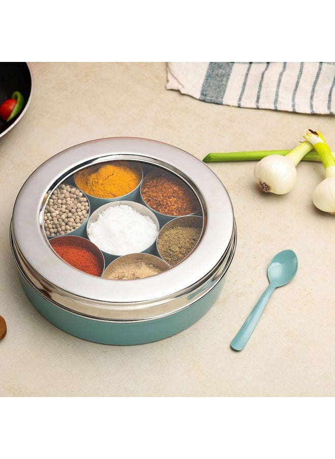 dudki Homes Stainless Steel Masala Dabba Masaladani | Spice Box For Kitchen | Masala Dani With See Through Lid With 7 Containers And A Small Spoon- Moss-Green, Blue-Green