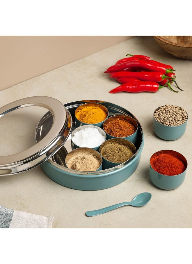 dudki Homes Stainless Steel Masala Dabba Masaladani | Spice Box For Kitchen | Masala Dani With See Through Lid With 7 Containers And A Small Spoon- Moss-Green, Blue-Green