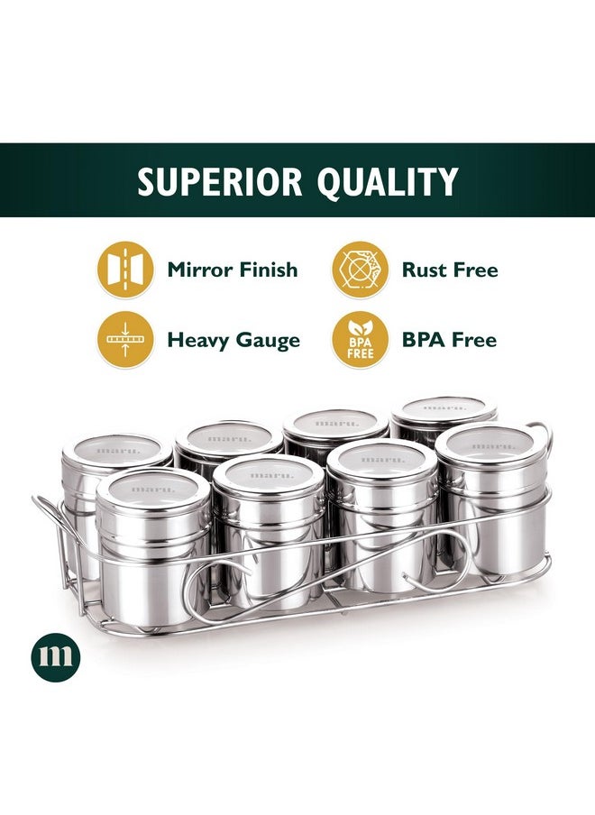 MARU Stainless Steel Masala Box, Durable Herbs & Spice Box for Kitchen with 8 multipurpose storage containers, Popula Masala Dabba with See-Through Lids & Rectangle Wirestand, Masala dani