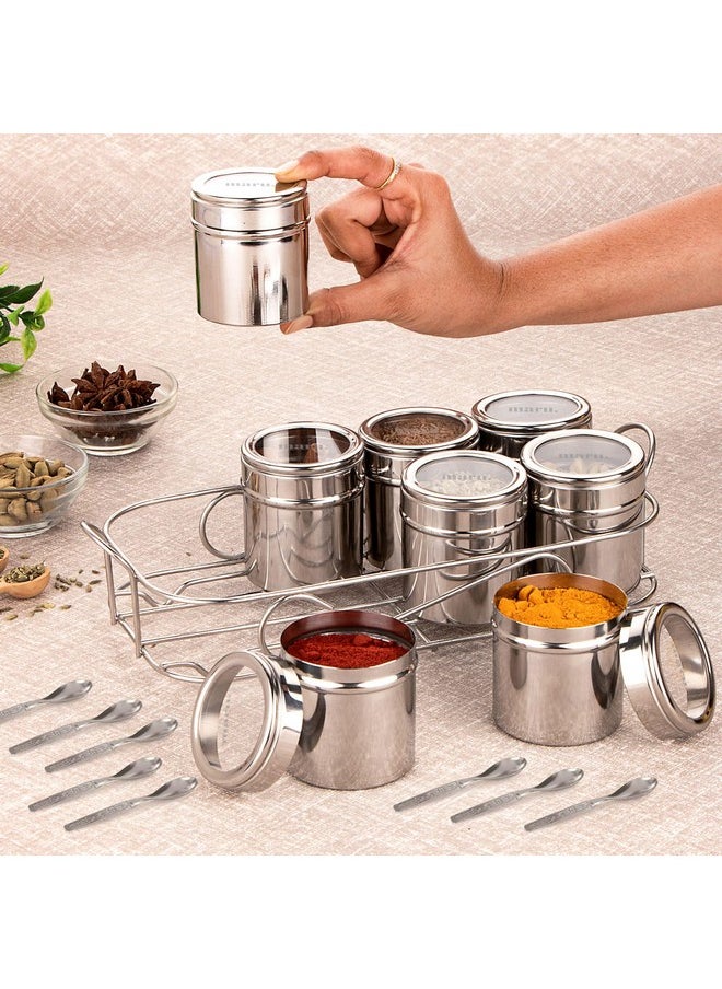 MARU Stainless Steel Masala Box, Durable Herbs & Spice Box for Kitchen with 8 multipurpose storage containers, Popula Masala Dabba with See-Through Lids & Rectangle Wirestand, Masala dani