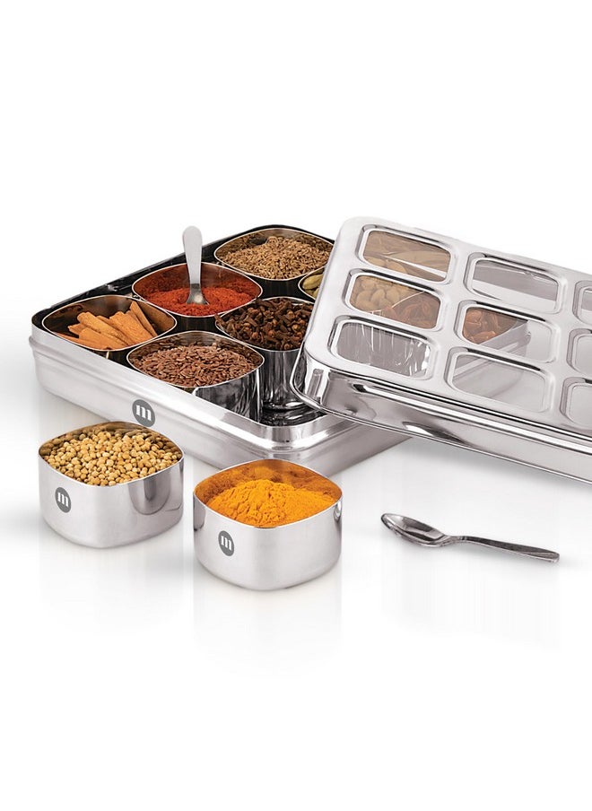 MARU Stainless Steel Square Masala Dabba- Spice Box For Kitchen With 9 Square Bowls And See-Through Lid- Ideal Masala Box For Kitchen,Steel Masala Dani- Wooden Masala Box Alternative (Square),Blue