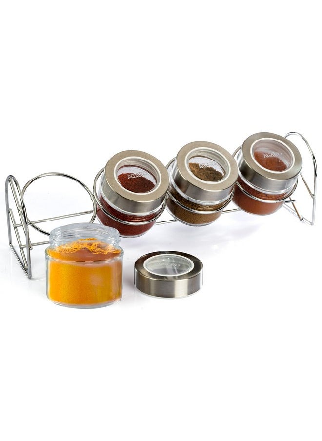 AGARO Elegant Glass Spice Jar with Metal Stand, Pack of 4, 100Ml Each, Spice storage box, kitchen organizer, spice containers, masala box for kitchen, Steel lid with transparent plastic, Transparent