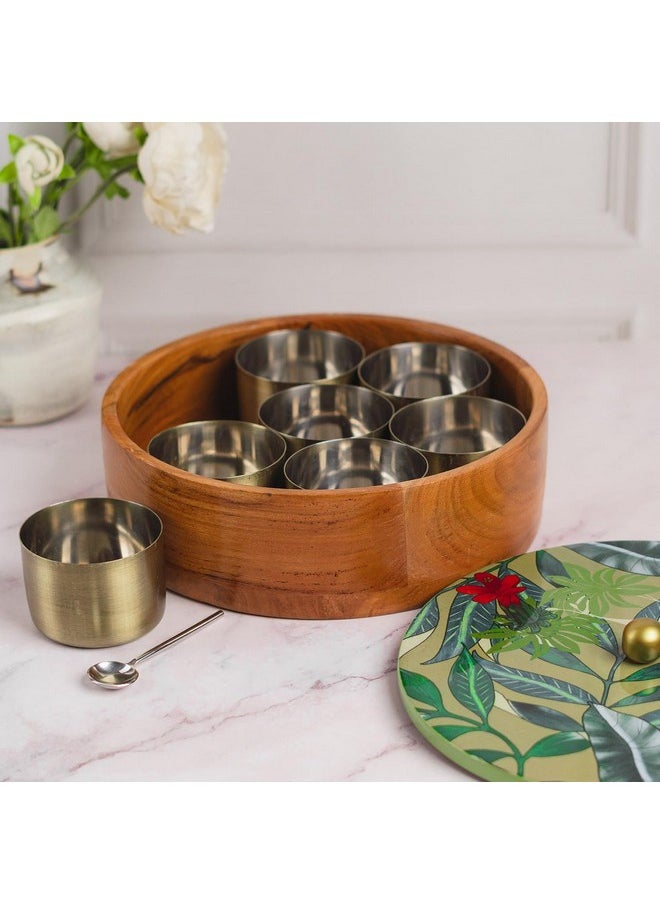 nestroots masala box for kitchen spice box storage/organisers | Anjarai petti for kitchen wooden stainless steel masala box 7 jars container (9 inch Dia, Green)