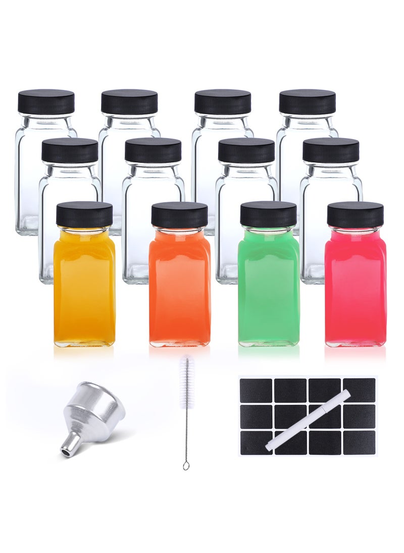 2oz 12Pack Clear Reusable Ginger Shot Bottles with Caps Small Square Glass Jars with 12Airtight Lids, Wide Mouth Juice bottles for Fridge, black Sticker, Stainless Funnel