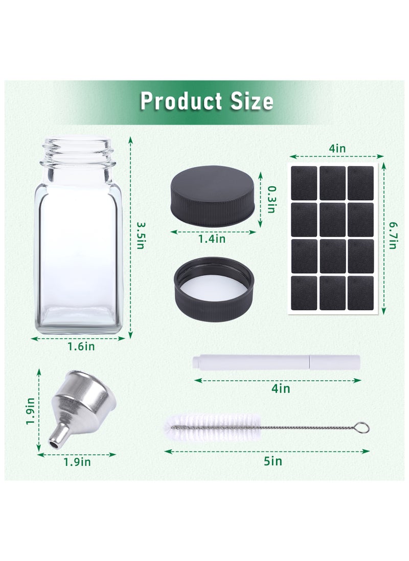 2oz 12Pack Clear Reusable Ginger Shot Bottles with Caps Small Square Glass Jars with 12Airtight Lids, Wide Mouth Juice bottles for Fridge, black Sticker, Stainless Funnel