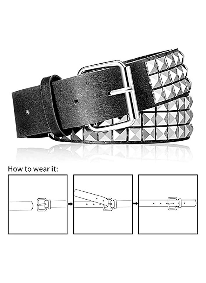 Studded Belt, Metal Punk Rock Rivet Belt Square Beads Rivet Belt with Bright Pyramid Studded for Women Men