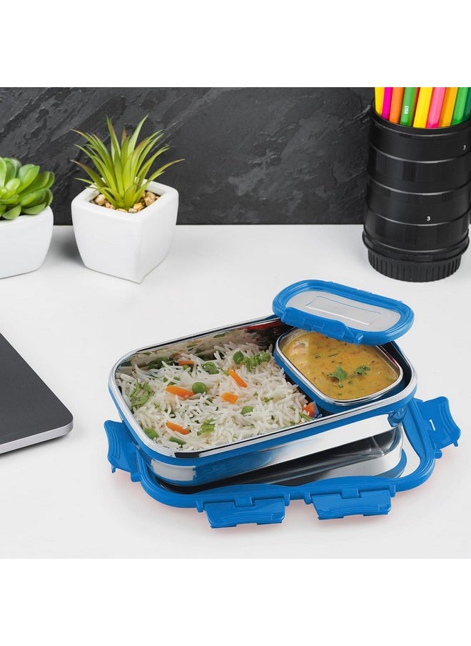 CELLO Click it Steel Insulated Lunch Box, Medium, 925ml, Blue | 2 Container Tiffin for Adults | Snacks Tiffin for Kids with Veg Box | Leak-Proof & Unbreakable Lid | Ideal for Office, School, College