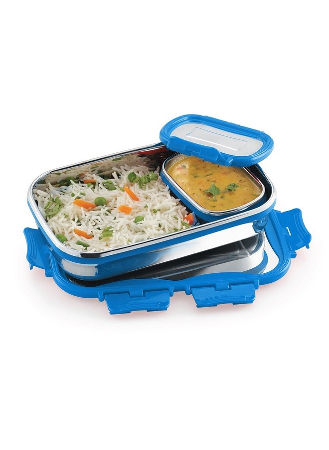 CELLO Click it Steel Insulated Lunch Box, Medium, 925ml, Blue | 2 Container Tiffin for Adults | Snacks Tiffin for Kids with Veg Box | Leak-Proof & Unbreakable Lid | Ideal for Office, School, College