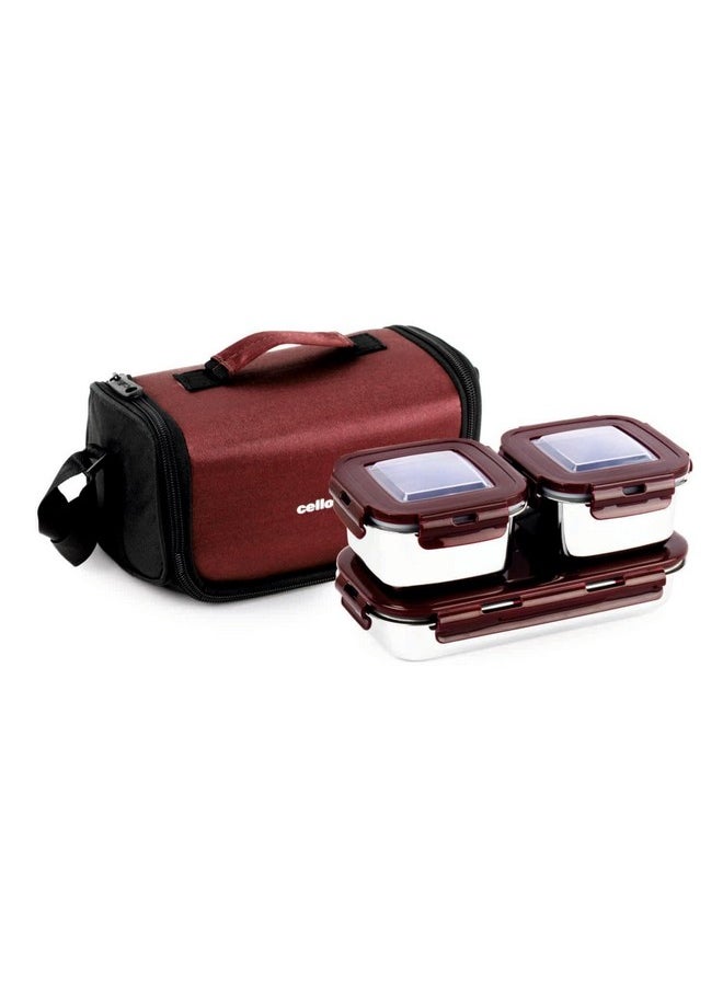 CELLO Swag Lunch Box with Inner Steel Set of 3 with Bag (Capacities - 355mlx 2 + 570ml x 1), Red | Tiffin Box with Jacket | Leakproof | Easy to Carry | Ideal for Office, School, College