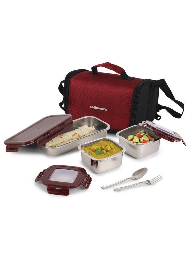 CELLO Swag Lunch Box with Inner Steel Set of 3 with Bag (Capacities - 355mlx 2 + 570ml x 1), Red | Tiffin Box with Jacket | Leakproof | Easy to Carry | Ideal for Office, School, College