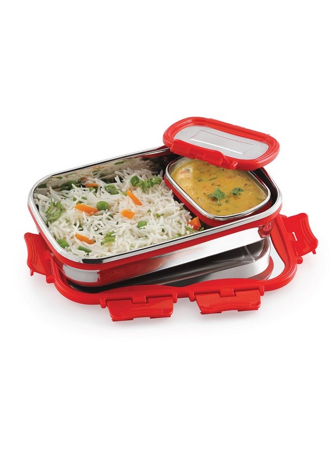 CELLO Click it Steel Insulated Lunch Box, Big, 1024ml, Red | 2 Container Tiffin for Adults | Snacks Tiffin for Kids with Veg Box | Leak-Proof & Unbreakable Lid | Ideal for Office, School, College