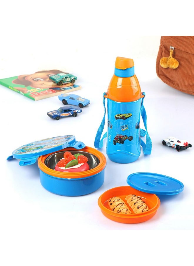 CELLO Tiffy Hotwheelz Gift Set Insulated Lunch Box & Water Bottle for Kids | Tiffin Box 460 ml, Water Bottle 400 ml, Blue & Orange | Leak Proof | Easy to Clean | Ideal for School, Picnic