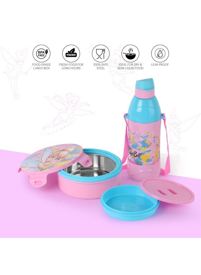 CELLO Tiffy Tinker Bell Gift Set Insulated Lunch Box & Water Bottle for Kids | Tiffin Box 460 ml, Water Bottle 400 ml, Pink & Blue | Leak Proof | Easy to Clean | Ideal for School, Picnic