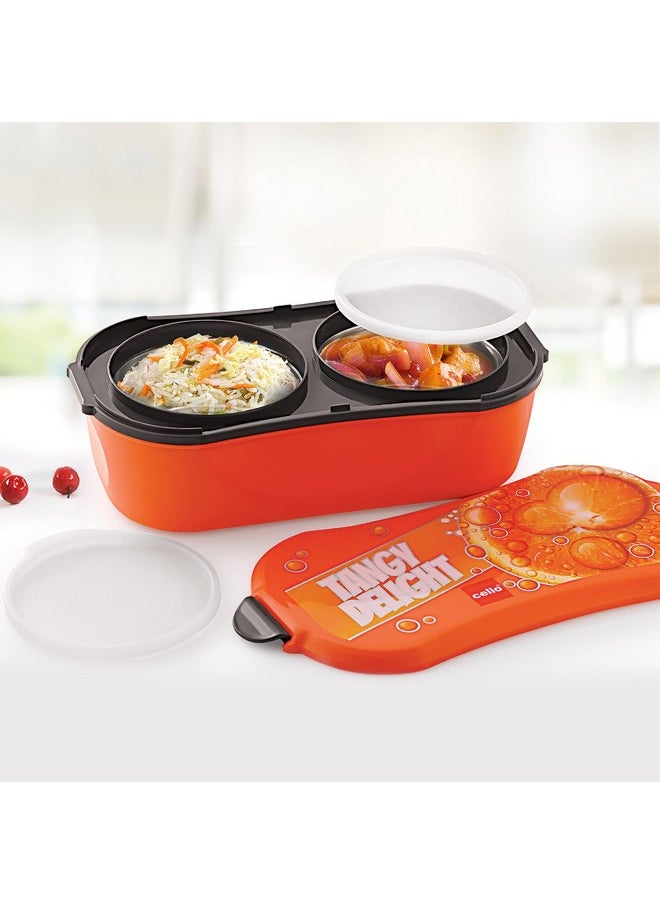 CELLO Doppler Steel Lunch Box for Kids Adults, Orange | Insulated Tiffin Keeps Food Warm | 2 Compartments with Locking Lid | Spill Leak Proof | Ideal for Office, School, Picnic & Travelling