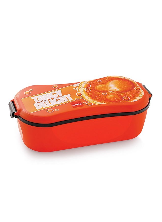 CELLO Doppler Steel Lunch Box for Kids Adults, Orange | Insulated Tiffin Keeps Food Warm | 2 Compartments with Locking Lid | Spill Leak Proof | Ideal for Office, School, Picnic & Travelling