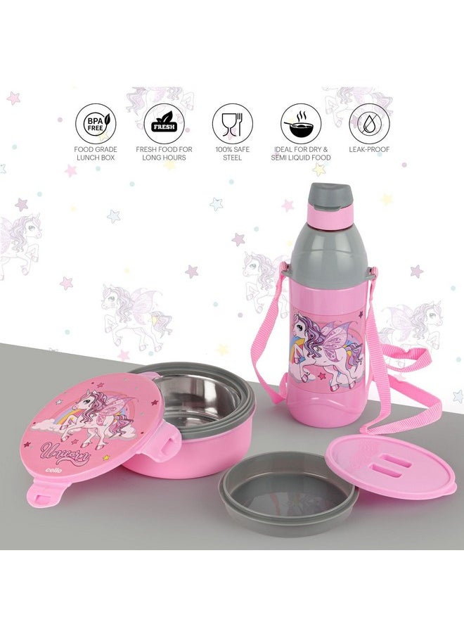 CELLO Tiffy Unicorn Gift Set Insulated Lunch Box & Water Bottle for Kids | Tiffin Box 460 ml, Water Bottle 400 ml, Pink & Grey | Leak Proof | Easy to Clean | Ideal for School, Picnic