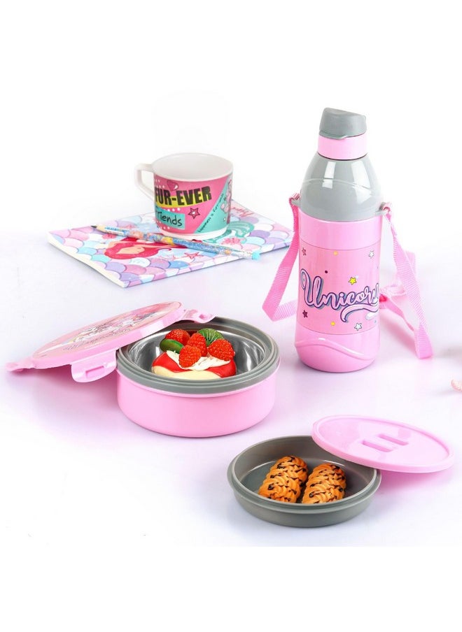 CELLO Tiffy Unicorn Gift Set Insulated Lunch Box & Water Bottle for Kids | Tiffin Box 460 ml, Water Bottle 400 ml, Pink & Grey | Leak Proof | Easy to Clean | Ideal for School, Picnic