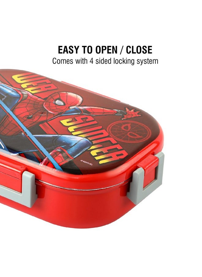 CELLO Feast Deluxe Kids Lunch Box Spider Man, Red | Leak-Proof Snacks Tiffin Box for School Kids Inner Stainless Steel Mini Box | 2 Container with Locking Lid | Ideal for School & Picnic