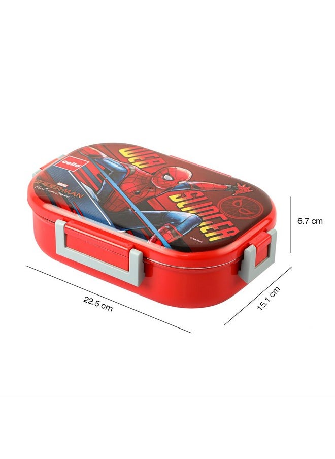 CELLO Feast Deluxe Kids Lunch Box Spider Man, Red | Leak-Proof Snacks Tiffin Box for School Kids Inner Stainless Steel Mini Box | 2 Container with Locking Lid | Ideal for School & Picnic