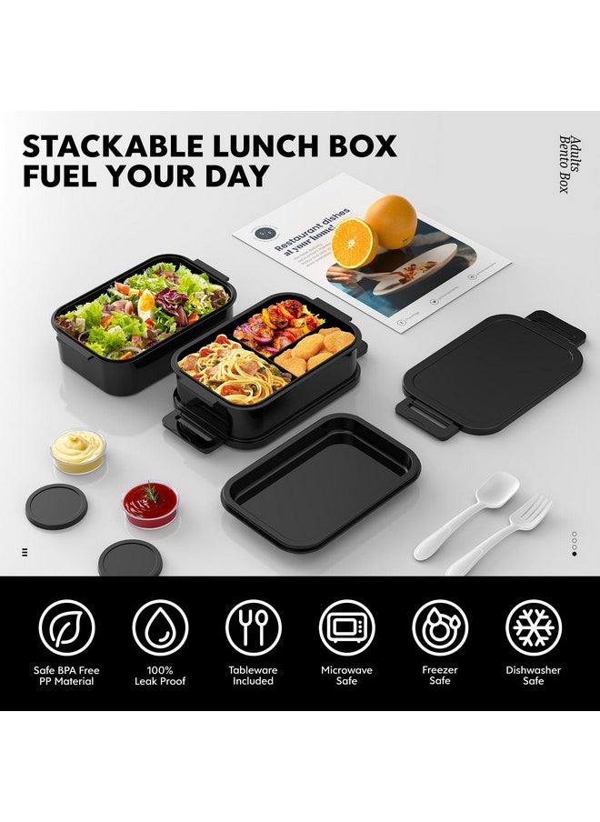 Jelife Adult Bento Box Lunch Box - Large Style Stackable Bento Lunch Box for Adults, 72oz All-in-One 3 Layers Bento Boxes Leak-Proof Lunchbox with Utensil Sauce Containers for Dining Out,Work, Black