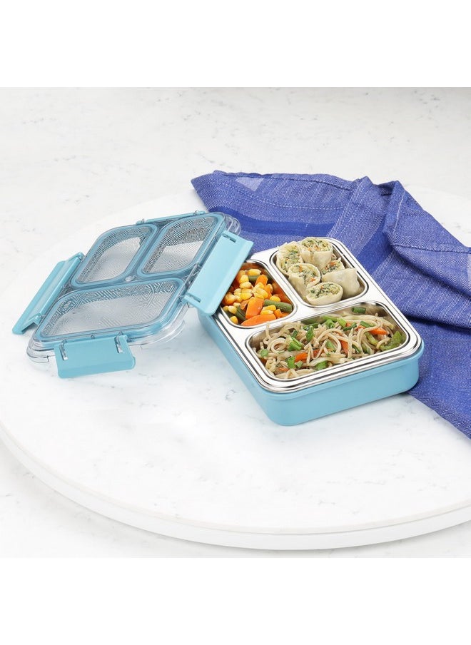 CELLO Tri Lunch Insulated Lunch Box | Inner Stainless Steel Compartment | Silicon Seal in The Lid with with 4 Sided Click Locks | Ideal for College,Office, Outdoor Activities | Light Blue | Set of 1