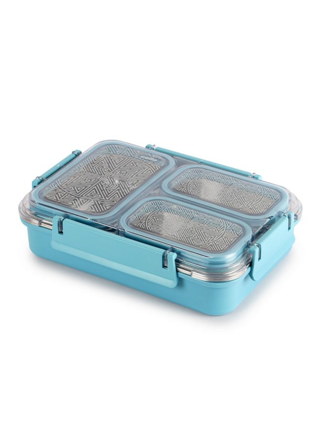 CELLO Tri Lunch Insulated Lunch Box | Inner Stainless Steel Compartment | Silicon Seal in The Lid with with 4 Sided Click Locks | Ideal for College,Office, Outdoor Activities | Light Blue | Set of 1