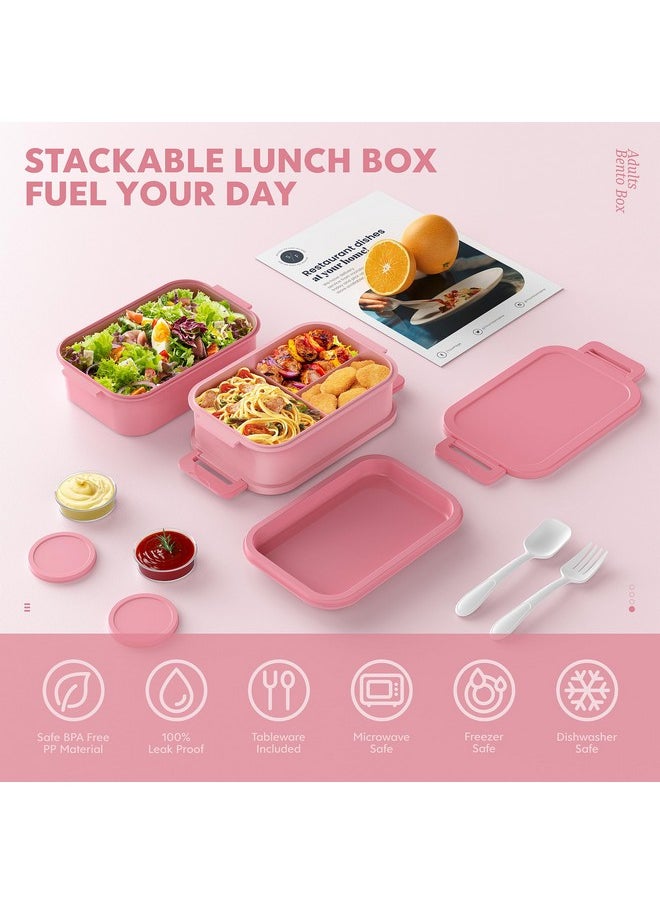 Jelife Bento Lunch Box for Adults - 3 Layers Leak-Proof Stackable Bento Box for Adults, 72oz Large-Style All-in-One Adult Lunchbox Bento Box with Utensil Accessories for Dining Out,Work, Pink