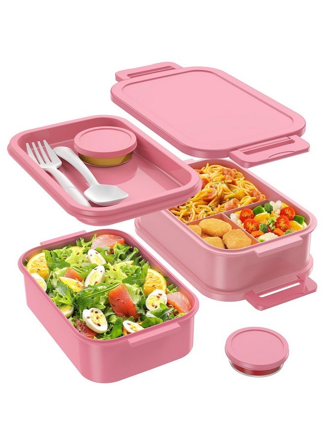 Jelife Bento Lunch Box for Adults - 3 Layers Leak-Proof Stackable Bento Box for Adults, 72oz Large-Style All-in-One Adult Lunchbox Bento Box with Utensil Accessories for Dining Out,Work, Pink