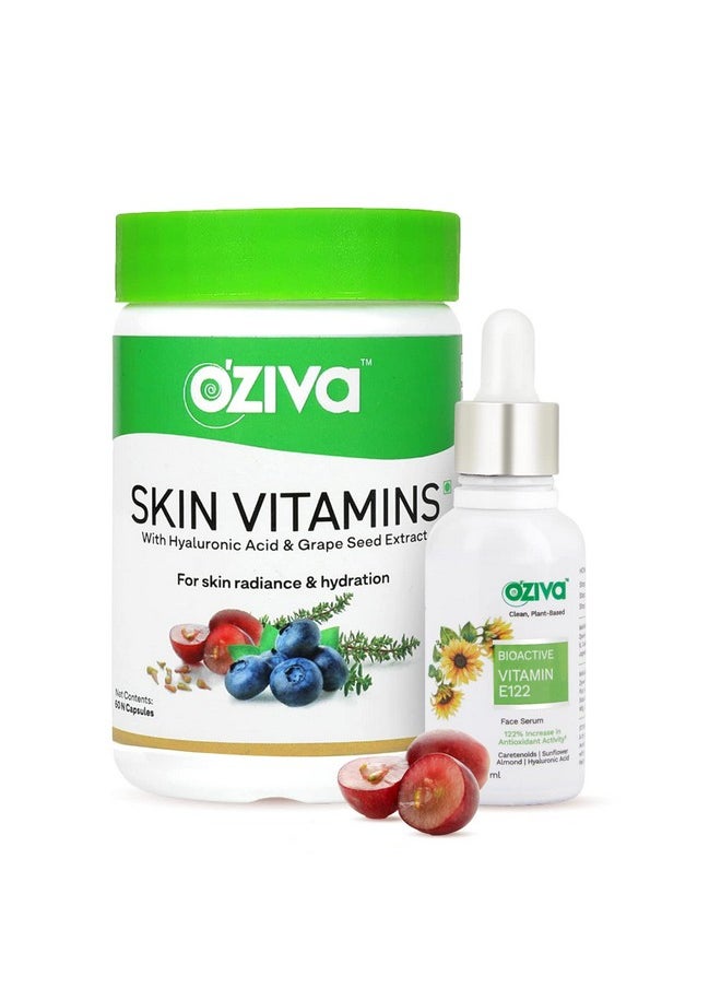 OZiva Daily Skin Care Combo Pack - Skin Vitamins + Bioactive Vitamin E122 Face Serum With Hyaluronic Acid for Hydration & Radiant Skin