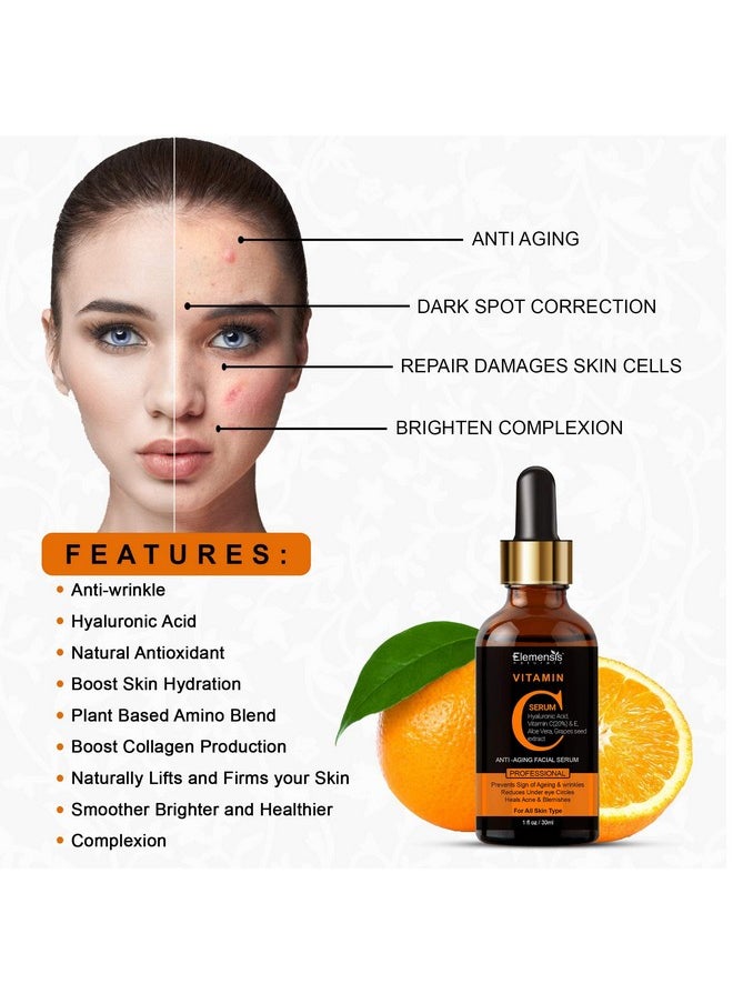 Vitamin C Face Serum With Hyaluronic Acid, Aloe Vera Extract For Face Anti Ageing, Brightening And Whitening Vitamin C Serum 30 Ml