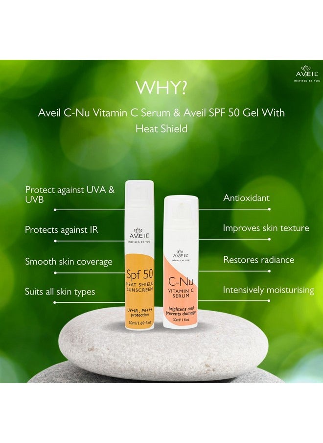 AVEIL Heat Shield SPF 50 Gel Sunscreen 50 ml & C-Nu Vitamin C Face Serum 30 ml | For Radiant Glowing Skin | Effective Glow Enhancing and Hyperpigmentation | For All Skin Types | Combo Pack