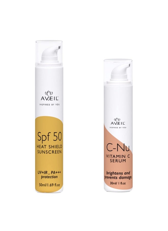 AVEIL Heat Shield SPF 50 Gel Sunscreen 50 ml & C-Nu Vitamin C Face Serum 30 ml | For Radiant Glowing Skin | Effective Glow Enhancing and Hyperpigmentation | For All Skin Types | Combo Pack