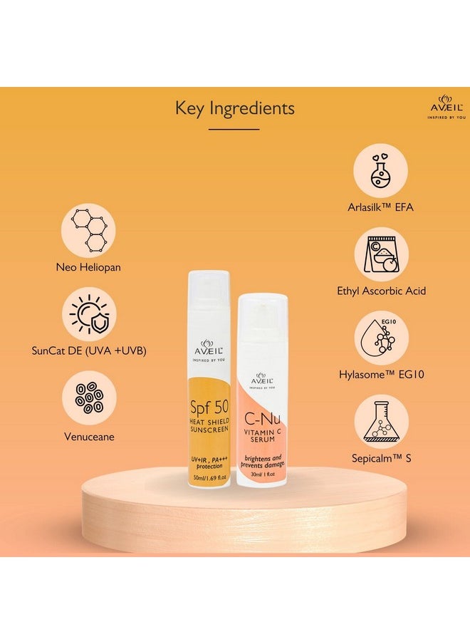 AVEIL Heat Shield SPF 50 Gel Sunscreen 50 ml & C-Nu Vitamin C Face Serum 30 ml | For Radiant Glowing Skin | Effective Glow Enhancing and Hyperpigmentation | For All Skin Types | Combo Pack