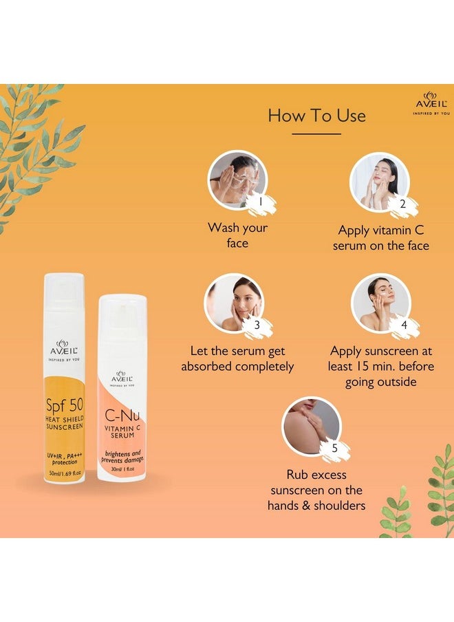 AVEIL Heat Shield SPF 50 Gel Sunscreen 50 ml & C-Nu Vitamin C Face Serum 30 ml | For Radiant Glowing Skin | Effective Glow Enhancing and Hyperpigmentation | For All Skin Types | Combo Pack