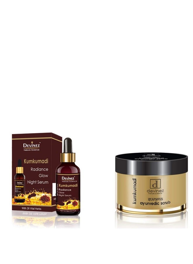 Devinez Ayurvedic Kumkumadi Radiance Glow Night Serum - 15ml & Devinez Suvarna Ayurvedic Kumkumadi Brightening Face And Anti Ageing Scrub - 50Gm