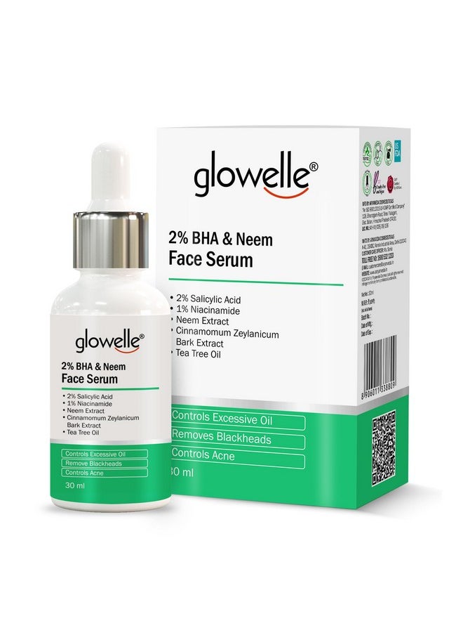 Glowelle 2% BHA & Neem Acne Busting Face Serum, Controls Excessive Oil, Open Pores & Blackheads, Improves Skin Texture, Suits all skin types, for Men & Women, 30ml