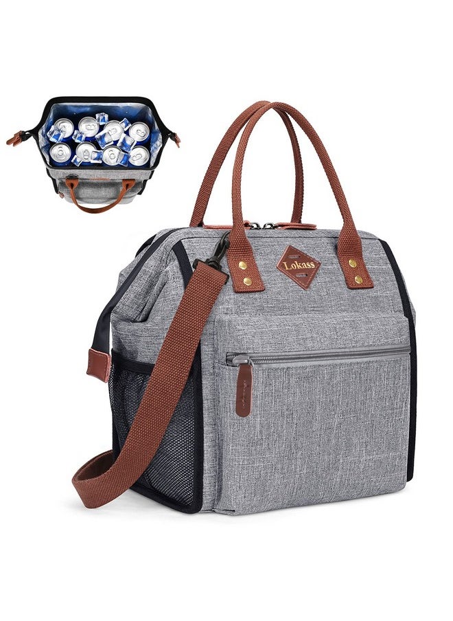 LOKASS Leak-proof Lunch Box for Women Insulated Lunch Cooler Bag Thermal Lunch Tote with Removable Shoulder Strap for Men Adults Large Picnic Bag for Office Work Outdoor, Grey