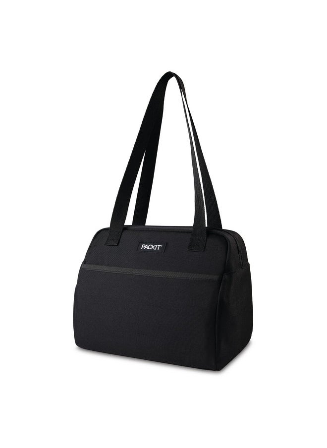 PackIt® Freezable Hampton Lunch Bag, Black, Built with EcoFreeze® Technology, Collapsible, Reusable, Zip Closure with Front Pocket and Shoulder Straps, Designed for Fresh Office Lunches