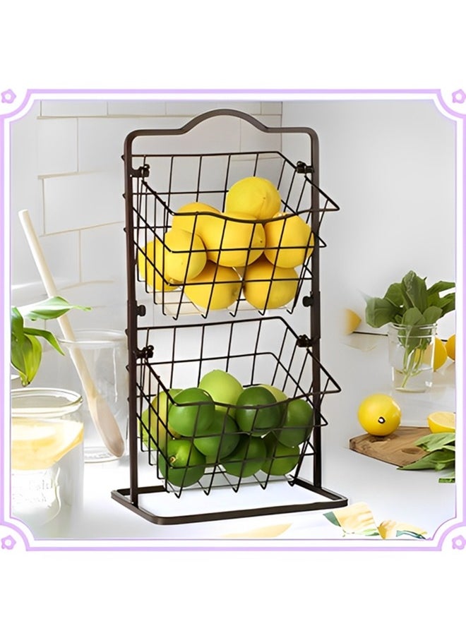 2 Tier Metal Fruit Basket Kitchen Countertop Storage Vegetable Basket Stand,Detachable Produce Basket,Storage Holder For Multipurpose Wire Basket Hanging,Farmhouse Kitchen Tiered Organizer